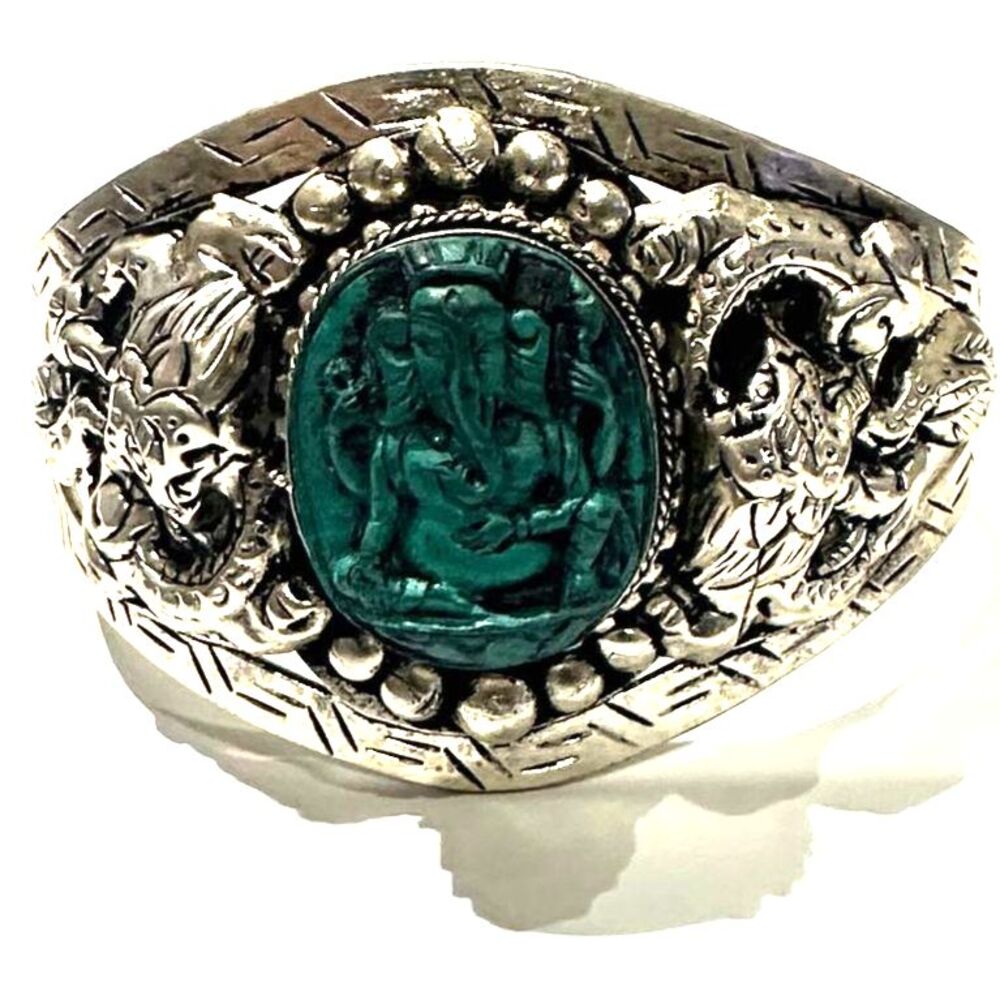 Tibetan Ganesha Carved Green Turquoise Wide Cuff Bangle